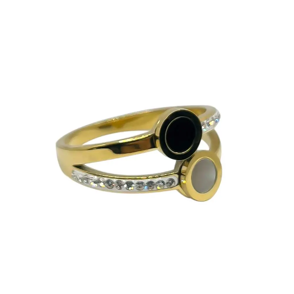 anillo acero dorado de nacar negro y blanco